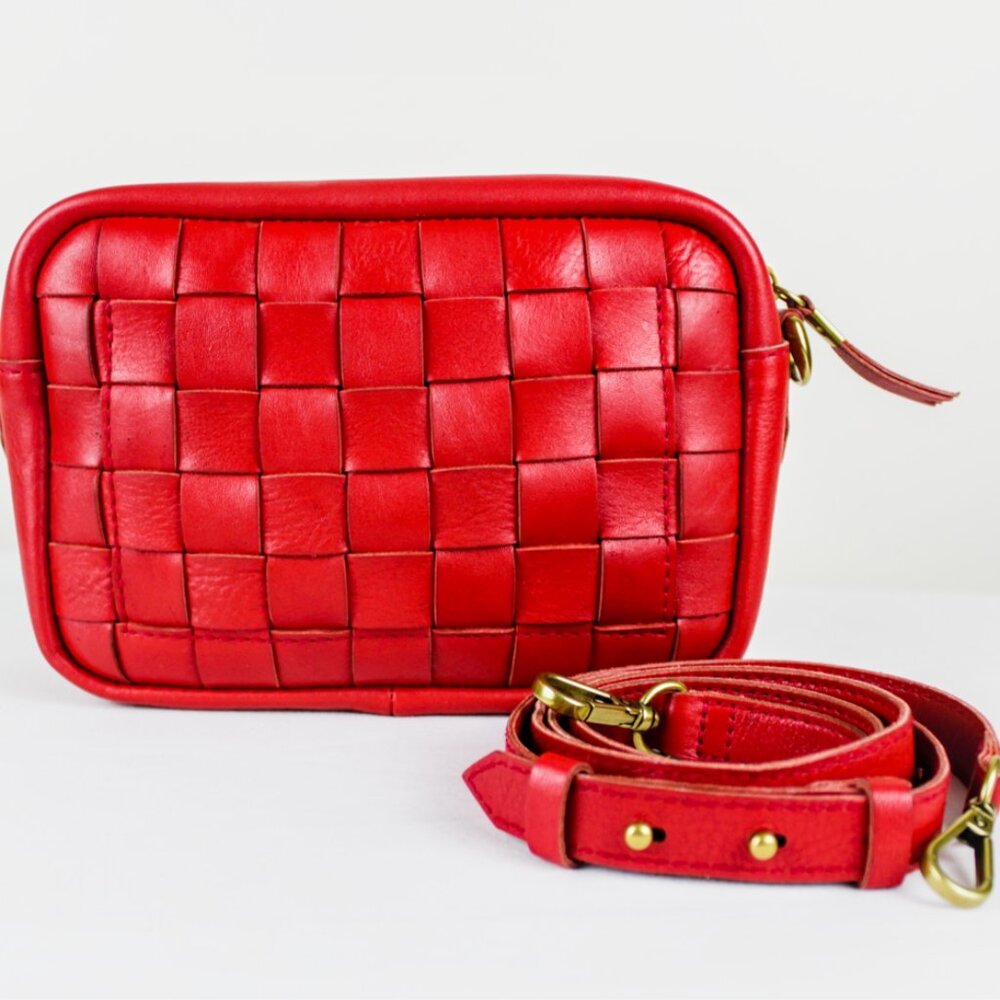 MADEWELL Red Leather Transport Camera Woven Leather Crossbody Shoulder Bag